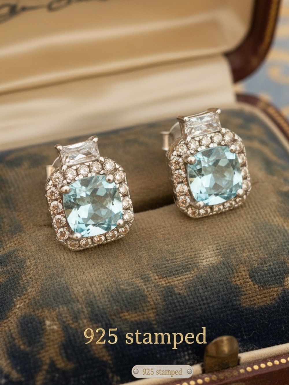 925 Sterling Silver Aquamarine Halo Stud Earrings - Light Blue
